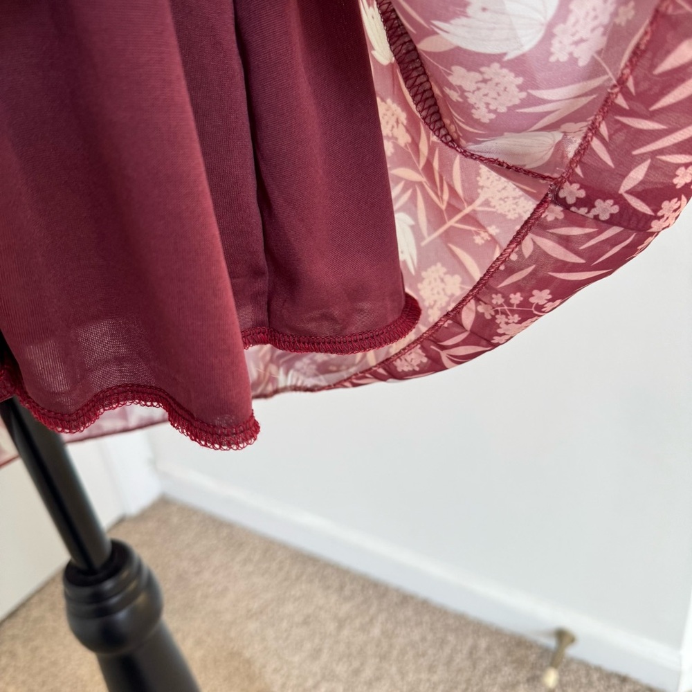 Floral Faux Wrap Midi Dress Burgundy Size Small Boho Cottagecore Fall - Picture 6 of 12